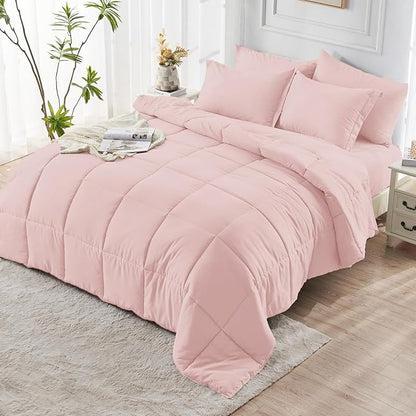 JOLLYVOGUE Twin Comforter Set, Ultra-Soft Bed in a Bag Twin Size 5 Pieces, Oeko-TEX Certified Bedding Set with Down Alternative Comforter, Sheets, Pillowcases & Shams, Blush Pink