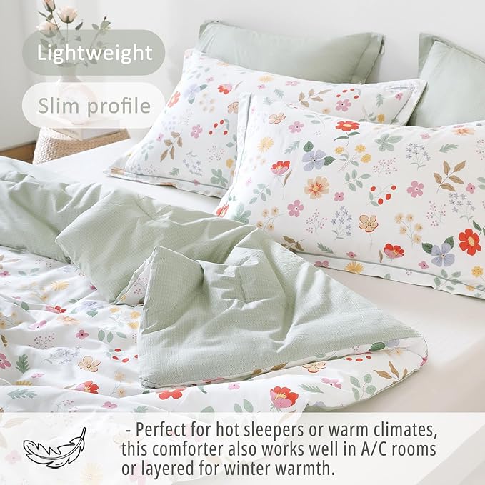 Botanical Cotton Comforter Twin Size 2Pcs - Colorful Flowers, Berries and Leaves on White, Chevron Sage Green Back, Lightweight Bedding Sets with Soft Fill(1 Comfoter, 1 Pillowcase)