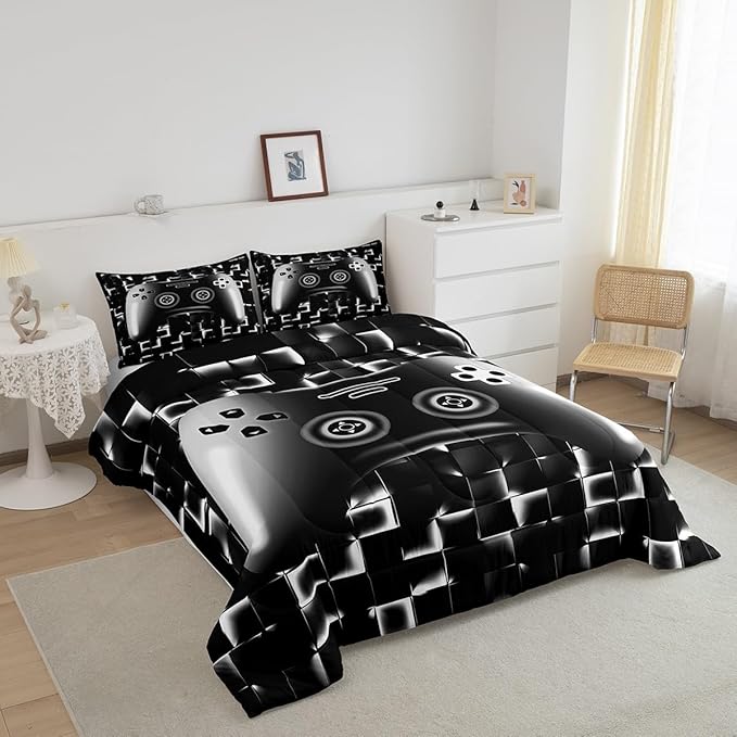 Erosebridal Gaming Comforter for Boys Teens Game Bedding Set for Kids Gamer Comforter Set for All Season Gamepad Room Decor Duvet Quilt Full Size,1 Comforter with 2 Pillowcases Neon Black White Grey