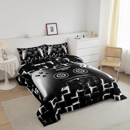Erosebridal Gaming Comforter for Boys Teens Game Bedding Set for Kids Gamer Comforter Set for All Season Gamepad Room Decor Duvet Quilt Full Size,1 Comforter with 2 Pillowcases Neon Black White Grey