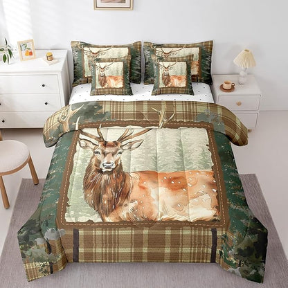 Erosebridal Elk Deer Comforter Set 7 Piece Bed in a Bag Twin,Woodland Animals Bedding Sets Camouflage Sheet Set with Comforter