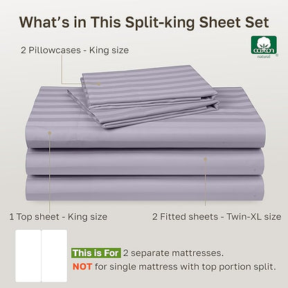 Luxury Split King Adjustable Bedsheets, Soft 100% Cotton, 500 Thread Count Sateen, Snug Fit, Set With Twin-XL Fitted Sheets, Sheets For Bed In Damask Stripe (Split King, Stripe - Lavender)
