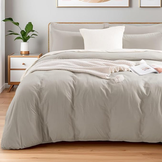 NEXHOME PRO Duvet Cover Queen Size, 100% Washed Cotton Orgnic Linen Like Textured Breathable Durable Comfy, Cream Grey