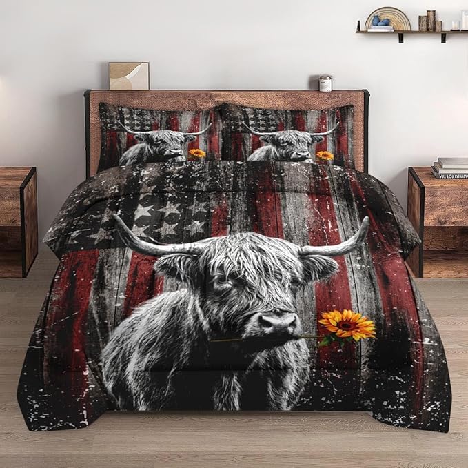 Queen Size Comforter Set with 2 Pillowcases, Highland Cow Animal 3 Pcs Bedding for Kids and Adults, Farm American Flag Soft Comforter Set for Bedroom Bed Decor