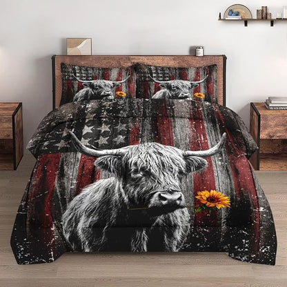 Twin Size Comforter Set with Pillowcase, Highland Cow Animal 2 Pcs Bedding for Kids and Adults, Farm American Flag Soft Comforter Set for Bedroom Bed Decor