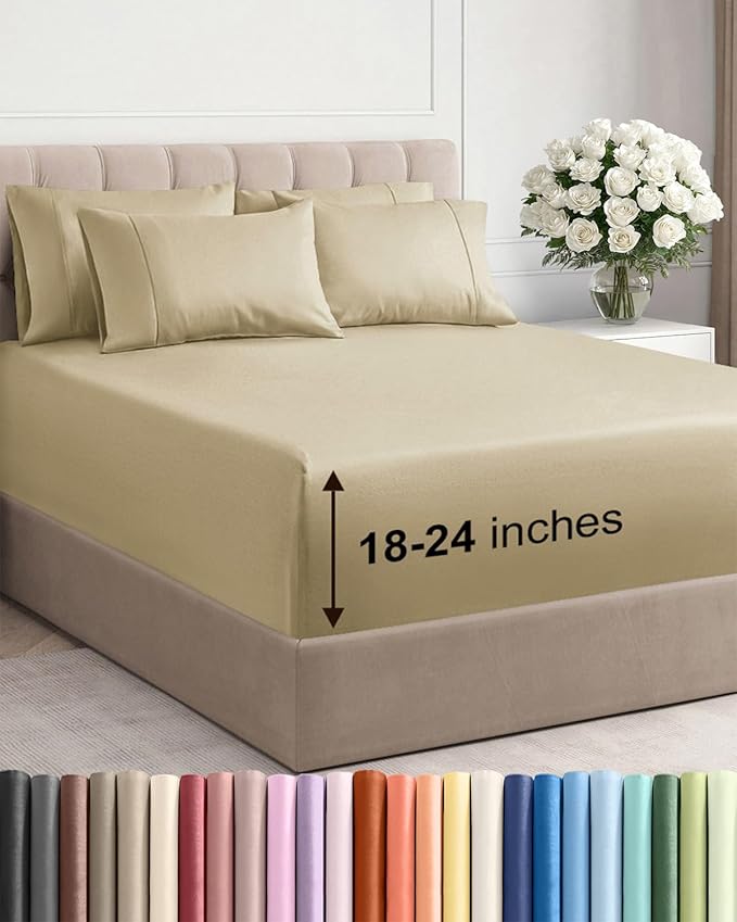Extra Deep Cal King Sheet Set - 6 Piece Breathable and Cooling Sheets - Hotel Luxury Bedding for Women, Men, Kids & Teens - Easy Secure Fit - Soft, Wrinkle Free and Comfy - Extra Deep Pockets - Beige