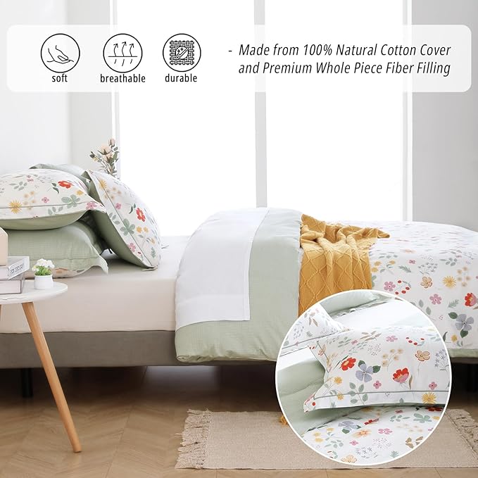 Botanical Cotton Comforter King Size 3Pcs - Colorful Flowers, Berries and Leaves on White, Chevron Sage Green Back, Reversible Lightweight Bedding Sets with Soft Fill(King, 104"×90")