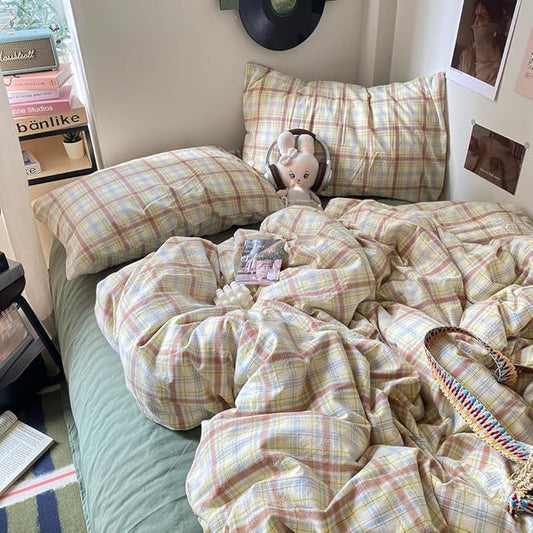 EAVD Vintage Style Buffalo Plaid Duvet Cover Queen Size 3 Pieces Grid Plaid Bedding Set Soft 100% Washed Cotton Aesthetic Gingham Duvet Cover with 2 Pillowcases Colorful Grid Checkered Bedding Set