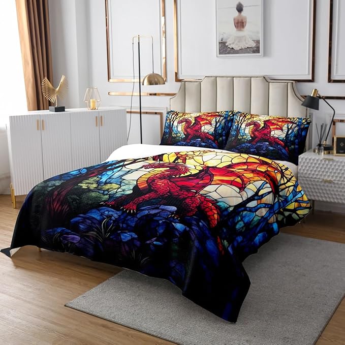 Western Dragon Kids Bedspread King Size,Pine Tree Artwork Life Glass Dragon Coverlet Set,Boys Girls Room Decor,Geometric Patchwork Abstract Quilted Coverlet,Red Retro Bedding Quilt,2 Pillowcases