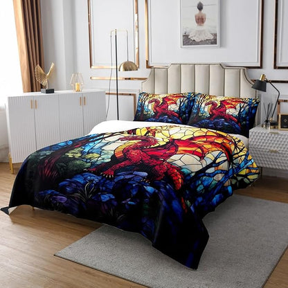 Western Dragon Kids Bedspread King Size,Pine Tree Artwork Life Glass Dragon Coverlet Set,Boys Girls Room Decor,Geometric Patchwork Abstract Quilted Coverlet,Red Retro Bedding Quilt,2 Pillowcases