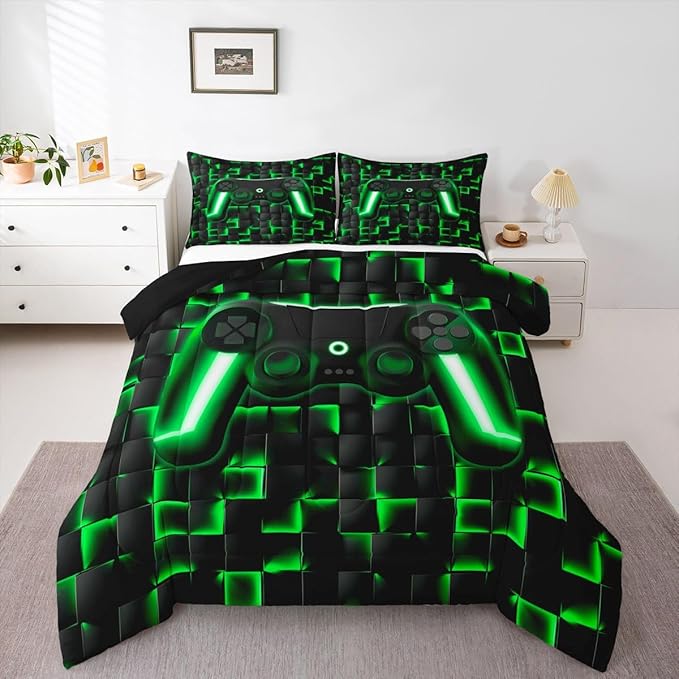 Erosebridal Gamer Comforter King Bedding Sets for Boys 3D Geometric Gaming Comforter Set for Kids Girls Men,Neon Ombre Checkered Game Console Bed Set Lightweight Quilt Duvet 3 Piece Black Green