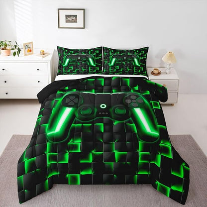 Erosebridal Gamer Comforter Queen Bedding Sets for Boys 3D Geometric Gaming Comforter Set for Kids Girls Men,Neon Ombre Checkered Game Console Bed Set Lightweight Quilt Duvet 3 Piece Black Green