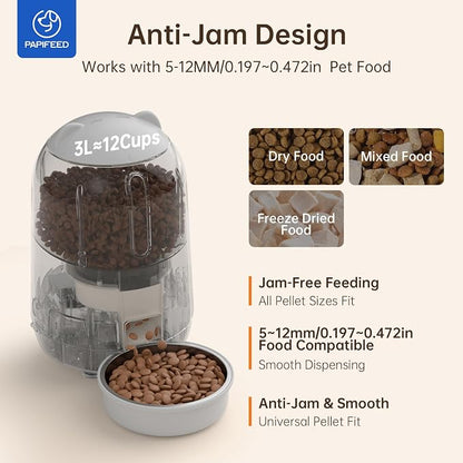 PAPIFEED Automatic Cat Feeder, Smart WiFi App Control Pet Feeder 2.4GHz, 3L Auto Food Dispenser for Cats & Small Dogs, Timed Feeding, Portion Control, Dual Power Supply, Easy Clean, Grey