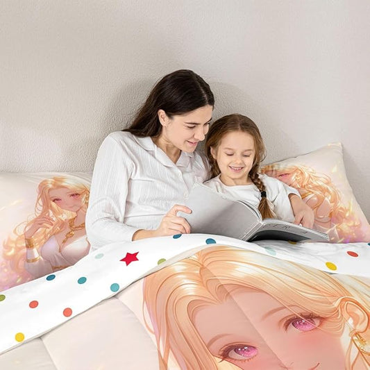 Erosebridal Kawaii Girly Comforter Set 3D Anime Gifts Bedding Sets, Japanese Girl Bedding for Kids Girls Lady Women Aesthetic Princess Bedding Comforter Sets Twin Size