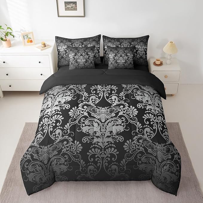 Erosebridal Gothic Damask Bed in a Bag King Size Comforter Set 7 Pieces,Exotic Moth Bedding Sets White Black Victorian Floral Goth Sheet Set with Comforter
