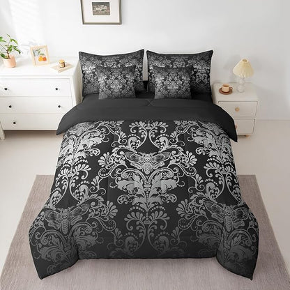 Erosebridal Gothic Damask Bed in a Bag Queen Comforter Set 7 Piece,Exotic Moth Bedding Sets White Black Victorian Floral Goth Sheet Set with Comforter