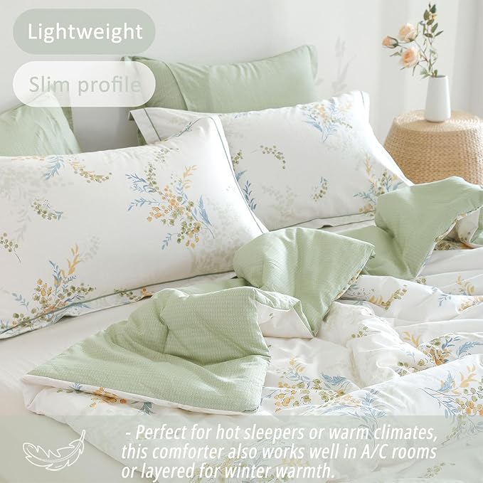 White Cotton Comforter Twin Size 2Pcs - Blue Branches & Orange and Green Buds on White, Chevron Sage Green Back, Reversible Lightweight Bedding Sets with Soft Fill(1 Comfoter, 1 Pillowcase)