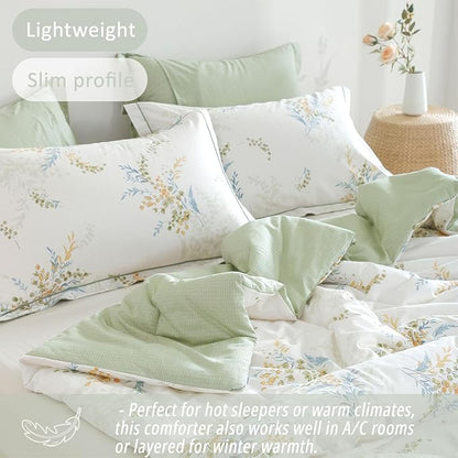 White Cotton Comforter Twin Size 2Pcs - Blue Branches & Orange and Green Buds on White, Chevron Sage Green Back, Reversible Lightweight Bedding Sets with Soft Fill(1 Comfoter, 1 Pillowcase)