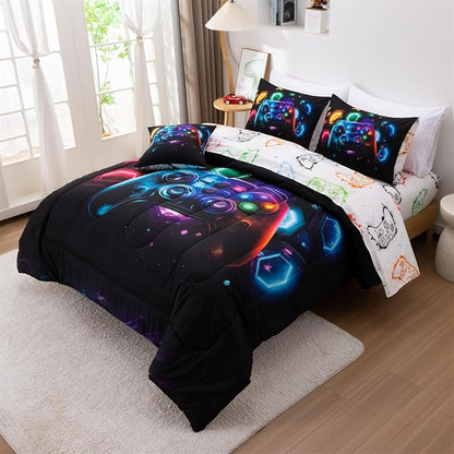 Aimuan Game Console Comforter Set for Boys Girls Kids Space Universe Gaming Geometric Lightweight Microfiber Gamer Bedding Sets (Black-Multi, Twin 6Pcs)