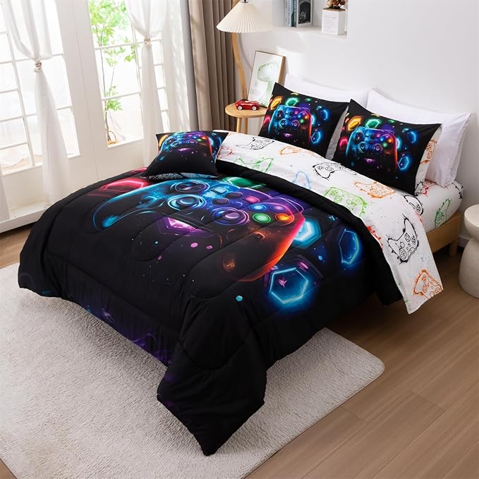 Aimuan Game Console Comforter Set for Boys Girls Kids Space Universe Gaming Geometric Lightweight Microfiber Gamer Bedding Sets (Black-Multi, Full 6Pcs)