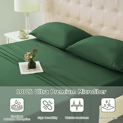 Queen Size Bed Sheet Set - 4 Piece Soft Microfiber Sheets with Deep Pockets, Cooling Technology, and Wrinkle-Free Pillowcase. Hotel-Quality, Durable Bedding, Eden Green