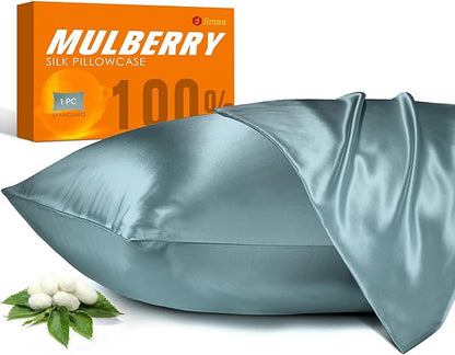 100% Mulberry Silk Pillowcase for Hair and Skin, 22 Momme Pure Natural Silk Pillow Case Both Sided with Zipper, Pillow Cover for Women Mom Men (Airy Blue, Queen 20''×30'', 1 Pack)