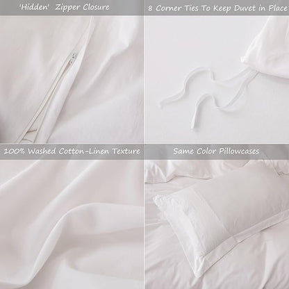 Linen Feel Duvet Cover King Size 104inch x 90inch,100% Washed Cotton Duvet Cover with Zipper Closure and 2 Pillowcases, Color of Bright White