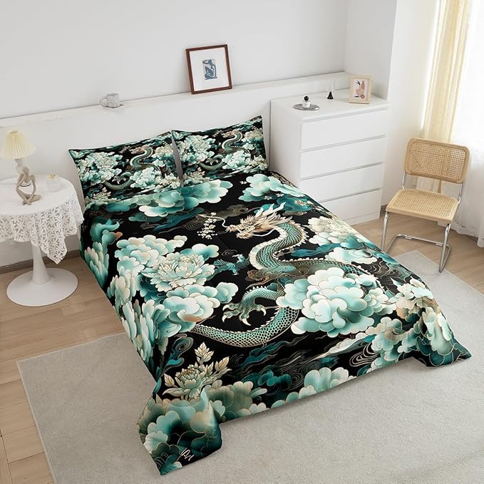 Castle Fairy Chinese Loong Twin Size Comforter Set,Propitious Cloud Peony Flower Duvet Set Soft Bed Collection,Dragon Bedding Comforter for Boys Girls Bedroom,2 Pcs