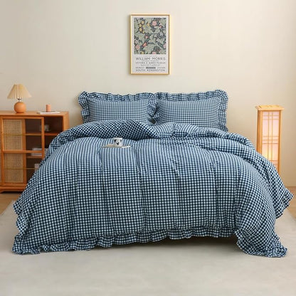 Navy Blue/White Plaid Ruffle 3-Piece Duvet Cover Set Queen Size,Washed Cotton Shabby Gingham Checkered Bedding Set Vintage Comforter Set