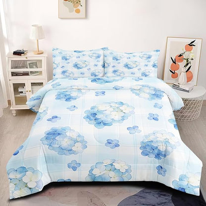 Girls Women 3Pcs Blue Hydrangea Comforter Set, Botanical Floral Bedding Set Full Size, Cottage Bed Sets with 1 Comforter 79"x 90" and 2 Pillowcases