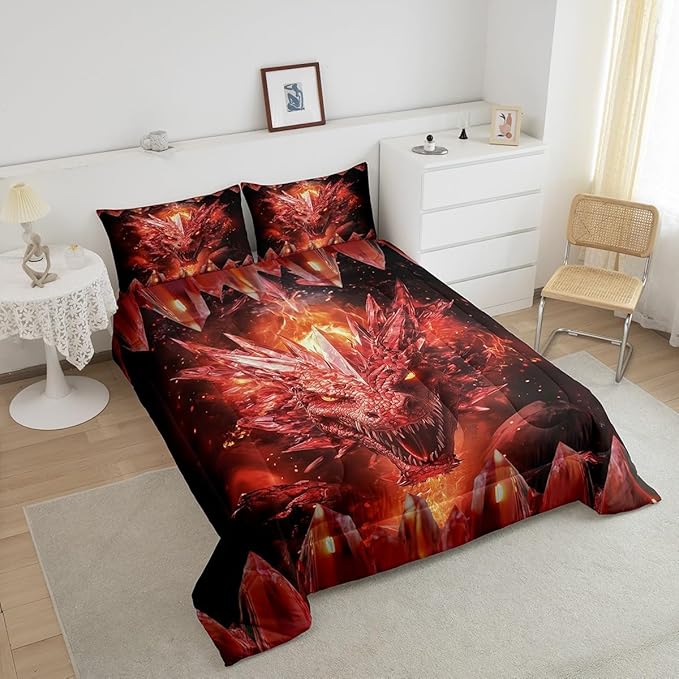 Castle Fairy Dragon 3 Pcs King Size Comforter Set,Western Fierce Animals Down Alternative Adults Bedroom Decor,Flames Dragon Ultra Soft Microfiber Inner Fill 3Pcs Bedding