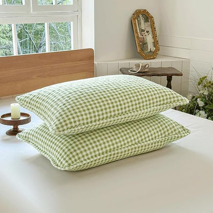 Sage Green Gingham Queen Quilt Set, Soft Pre-washed Microfiber Green Plaid Queen Bedspread, Lightweight Checked Summer Quilt, Grid Bedding Coverlets for All Seasons (Includes 1 Quilt, 2 Pillow Shams)