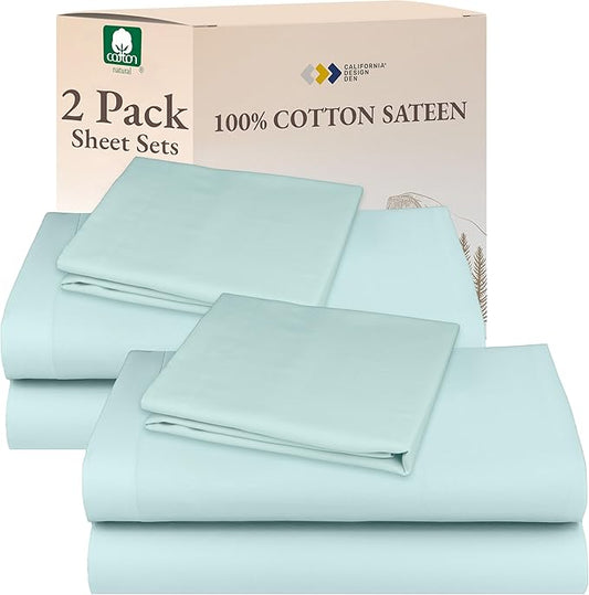California Design Den 100% Cotton 2-Pack Twin Size Bed Sheets, Soft & Durable Twin Sheet Sets with 12" Pockets, Twin Sheet Set with Sateen Sheets (Seafoam)
