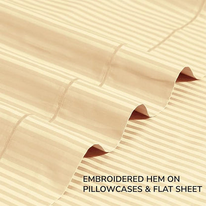 Feather & Stitch 500 TC King Size Damask Bed Sheet Set, 100% Cotton Soft Breathable Bedsheets, 4 Piece 18" Deep Pockets Sateen Weave Striped Bedding Mattress Resort Hotel Luxury- (Semolina Stripe)
