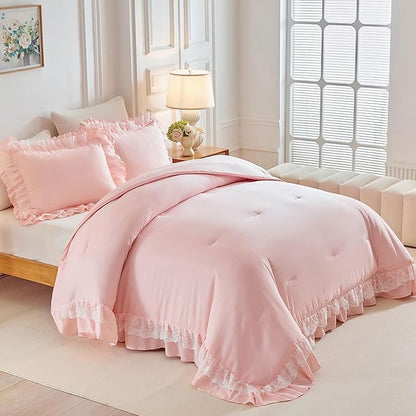 Joyreap Twin Size Comforter Set Blush Pink, 3pcs Lace Ruffled Bedding Comforter Set, Microfiber Vintage Boho Chic Bedding Set for All Season- 68x88 inches