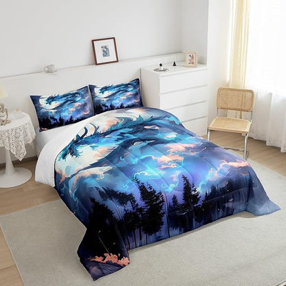 Dragon Comforter Set King Size,Blue Western Magical Animals Bedding Set,Kids Boys Girls Room Decor Moon Starry Sky Volcano Lightning Quilt Set Trippy Style Wildlife Theme Duvet Insert,2 Pillowcases