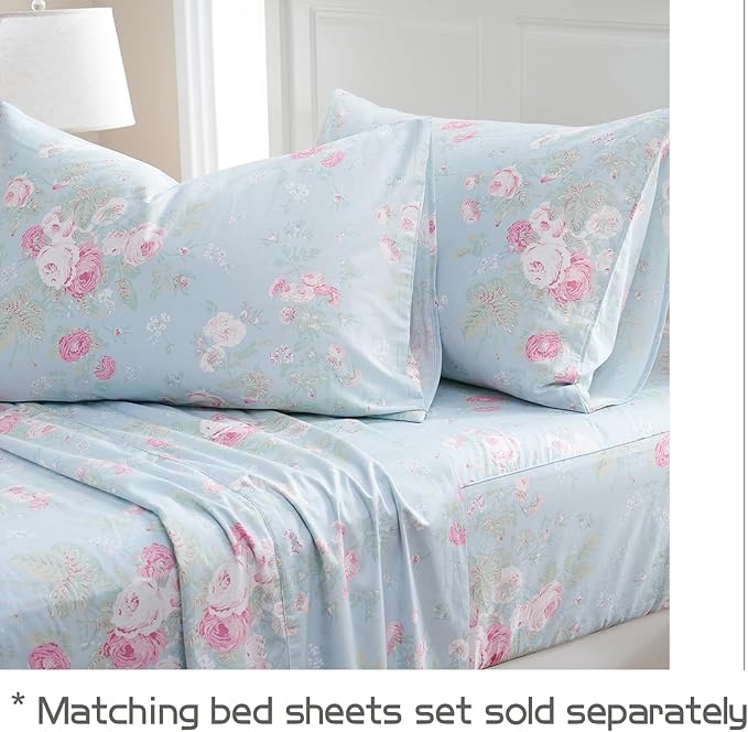 Zusbest 100% Cotton Blue Floral Pillowcases Standard Size Set of 2, 19''×29'', Queen Size Pink Rose Flower Printed Reversible Pillow Covers Soft Envelope Queen Pillowcase Protectors