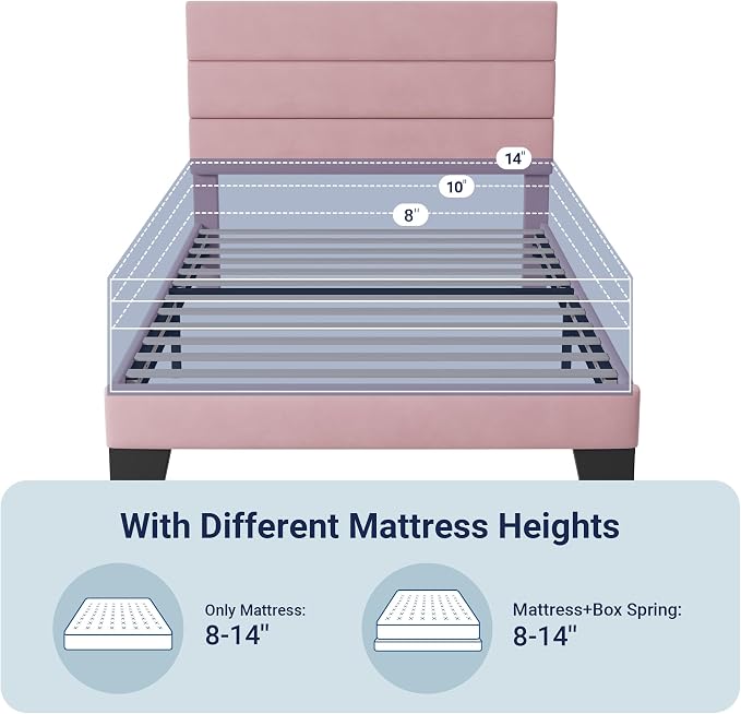 Allewie Twin Size Platform Bed Frame with Velvet Upholstered Headboard Pink | Wooden Slats Support, Fully Upholstered Mattress Foundation, No Box Spring Needed, Easy Assembly, Noise-Free, Pink