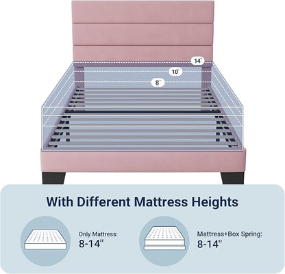 Allewie Twin Size Platform Bed Frame with Velvet Upholstered Headboard Pink | Wooden Slats Support, Fully Upholstered Mattress Foundation, No Box Spring Needed, Easy Assembly, Noise-Free, Pink