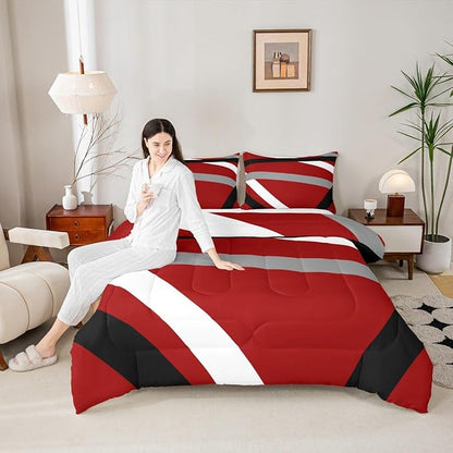 Erosebridal Red Gray Black Striped Toddler Comforter Modern Abstract Bedding Set Geometric Lines Duvet Insert Aesthetic Boho Bed Sets