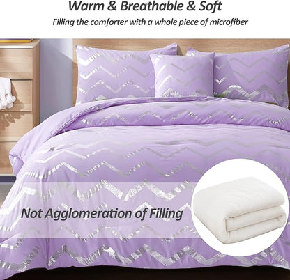 Menghomeus Purple/Silver Comforter Set Queen Size Lavender Metallic Print Glitter Bed Comforter Cute Shinny Bedding for Teen Girls Kids, 4 Piece (2 Pillowcases, 1 Decorative Pillow Sham)