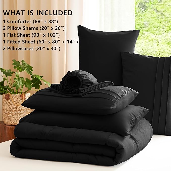 CozyLux Queen Comforter Set Black, 7 Pieces Soft Pinch Pleat Bed in a Bag Queen Comforter Set with Sheets, Boho Bed Set with Down Alternative Comforter, Sheets, Pillowcases & Shams