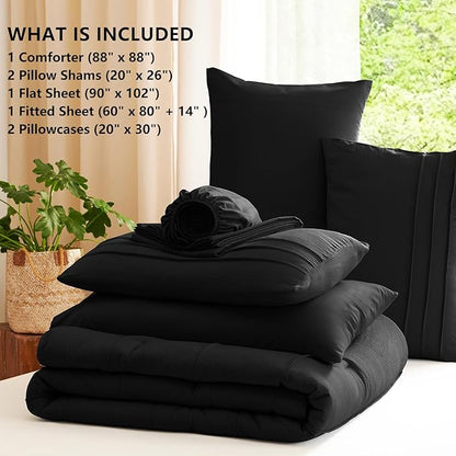 CozyLux Queen Comforter Set Black, 7 Pieces Soft Pinch Pleat Bed in a Bag Queen Comforter Set with Sheets, Boho Bed Set with Down Alternative Comforter, Sheets, Pillowcases & Shams