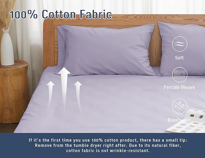 Pillow Cases, King Size Cotton Percale Weave Pillowcases, Pre-Shrunk Breathable and Hypoallergenic Pillowcases, Set of 2 (2 Piece King 20 Inch x 40 Inch, Light Purple)