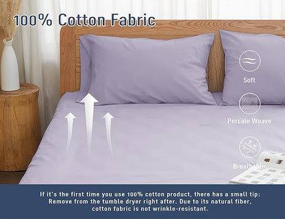Pillow Cases, King Size Cotton Percale Weave Pillowcases, Pre-Shrunk Breathable and Hypoallergenic Pillowcases, Set of 2 (2 Piece King 20 Inch x 40 Inch, Light Purple)