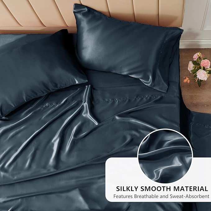 CozyLux Satin Sheets Queen Size Bed Set - 4 Piece Silky Queen Sheet Set, Luxury Steel Blue Queen Sheets with Smooth and Soft Microfiber, Includes 1 Fitted Sheet, 1 Flat Sheet and 2 Pillowcases