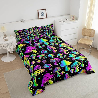 Mushroom Comforter Set King Cute Mushroom Comforter for Kids Girls Boys Cartoon Tie Dye Bedding Sets Teal Purple Neon Ombre Down Comforter Wild Colorful Botanical Quilt Set