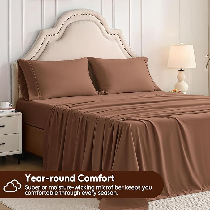 King Size Sheets Set, 4 Pieces Hotel Luxury Soft Microfiber Bed Sheets Set, Up to 16" Deep Pockets, Oeko-Tex Sheets with Elastic, Breathable, Wrinkle Free (Brown,King)