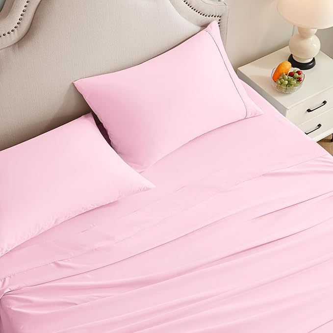 Queen Sheet Set, 4 Pieces Hotel Luxury Soft Microfiber Queen Bed Sheets Set, Up to 16" Deep Pockets, Oeko-Tex Sheets with Elastic, Breathable, Wrinkle Free (Light Pink, Queen)