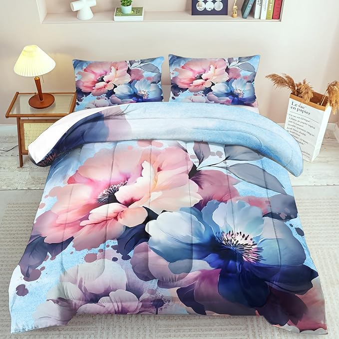 Pink Floral Comforter Set Full Size Girls Blue Flower Comforter Comen Western Boho Bedding Set Full Blue Floral Bedding Boho Bedroom Decor Teen Girls